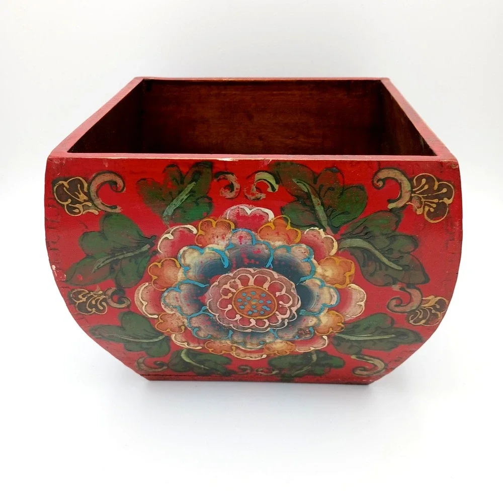Wooden Dou Rice Grain Box Bucket‎ Red Floral Design Dove Tailed Corners